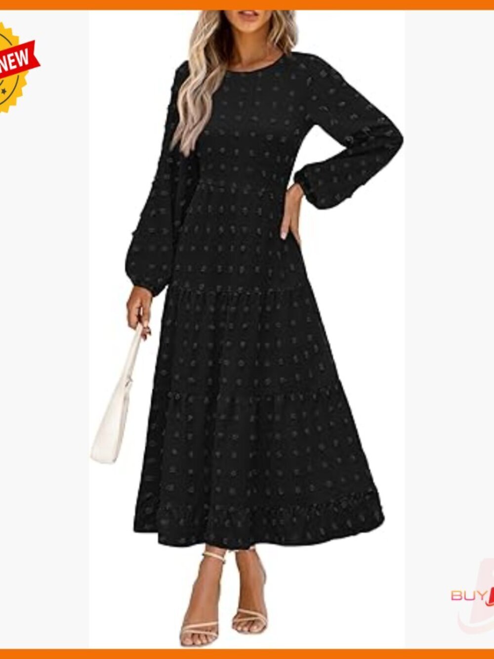 Long Sleeve Maxi Dress Swiss Dot A Line Flowy Casual Holiday Party